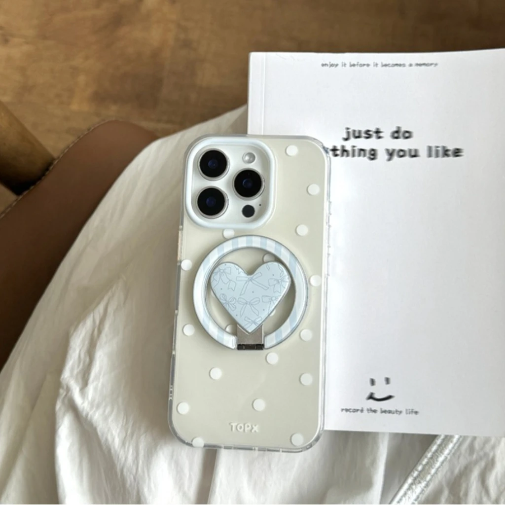 

Cute Circular Dots Stripe Bowknot Fold Love Hollow Out With Holder Magnetic Phone Cover Case for iPhone 17 16 15 14 13 Pro Max