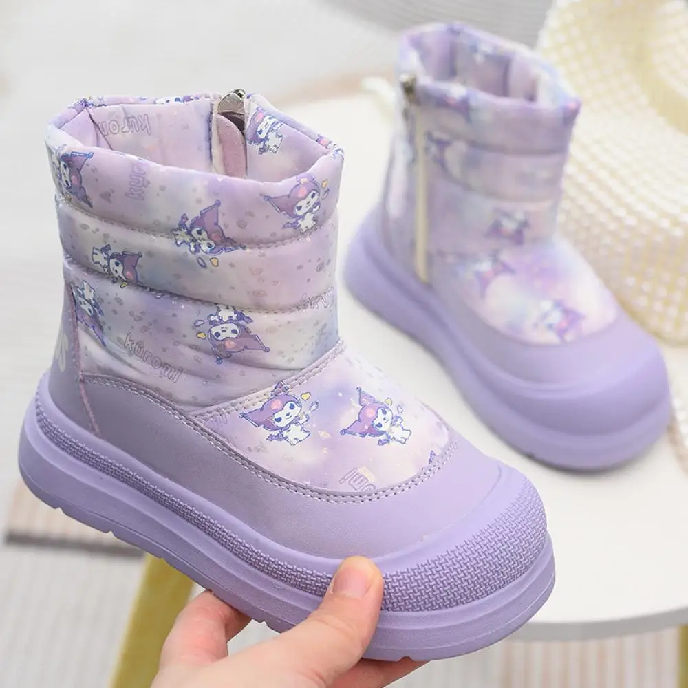 Kawaii Kuromi Kids Winter Boots Platform Snow Boots Anime Cartoon Waterproof Non-Slip Thick Plush Warm Mid-Calf Boots for Girl