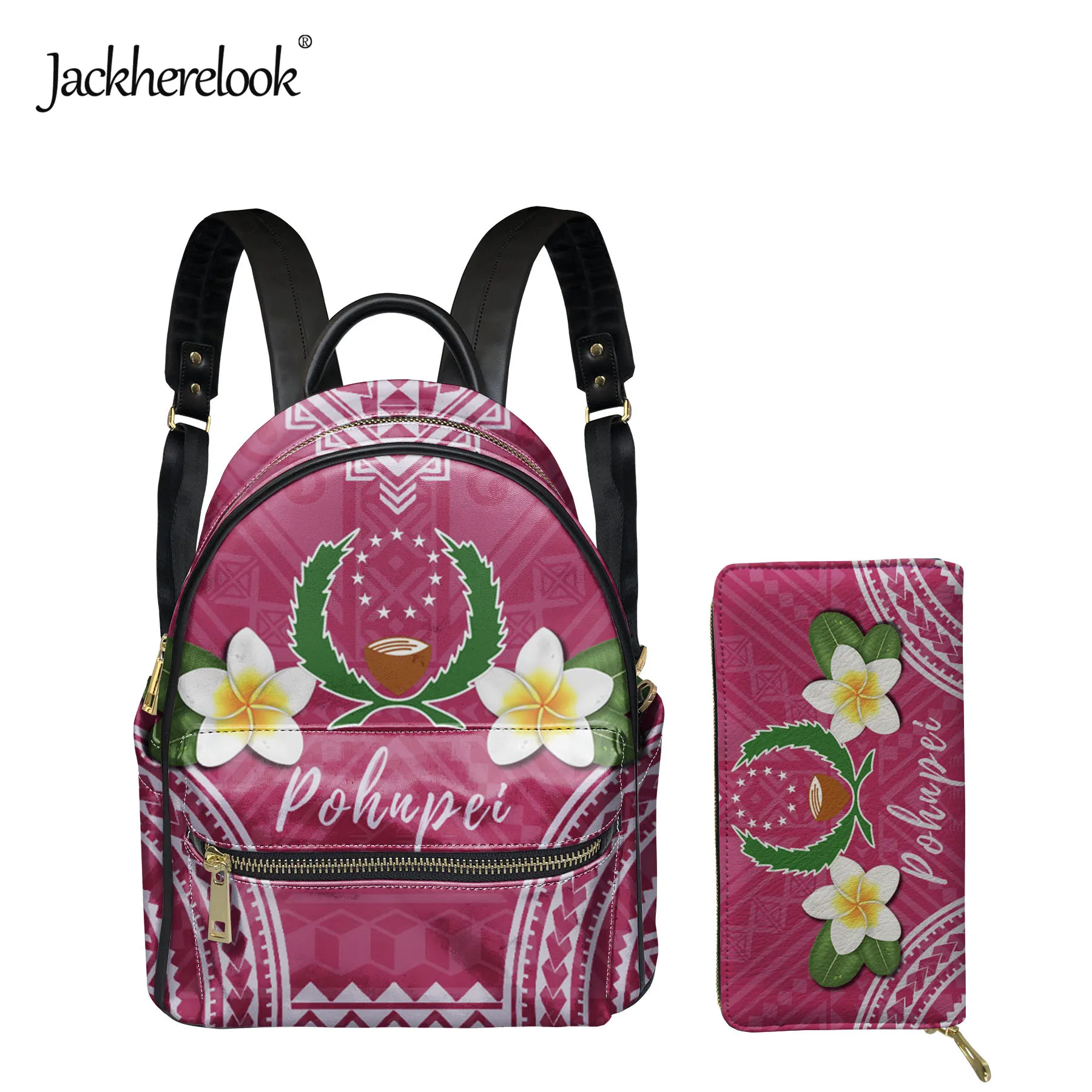 

Jackherelook Pink Pohnpei Plumerie Polynesian Pattern Backpack for Girls Luxury PU Leather Schoolbag Female Bag Wallet 2pcs/set