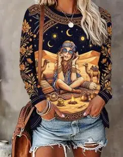 Women's Crew Neck Long Sleeve Sweatshirt Boho Fortune Teller Girl Tarot Crystal Ball Print Casual Loose Pullover Tops
