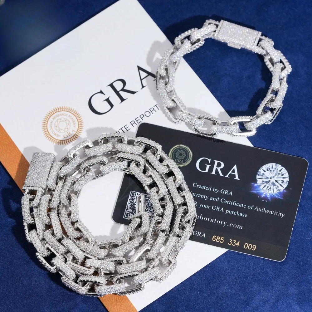 

10mm Iced Out D Color Moissanite 3D Box Chain Necklace 925 Sterling Silver Hip Hop Rock Men Cuban Link Necklaces Pass Tester