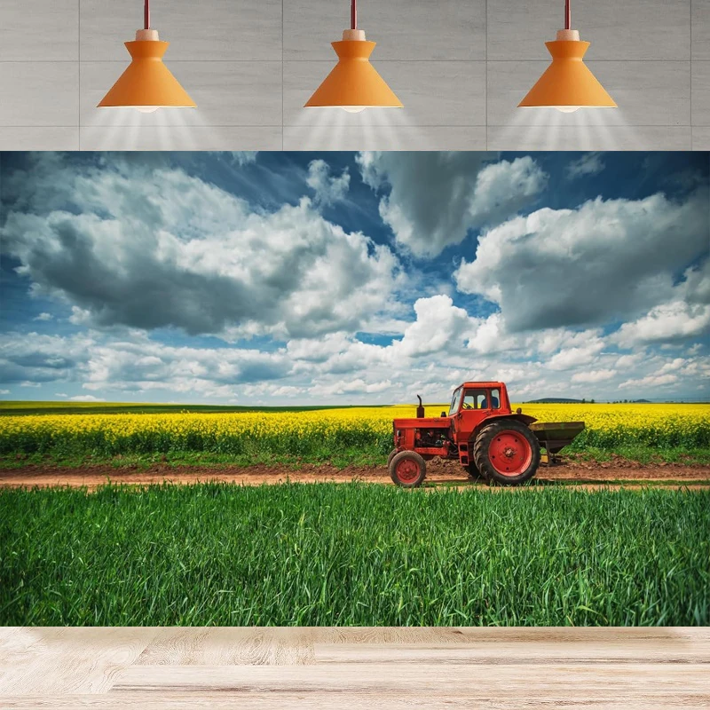 

Farm Tractor Photography Backdrop Field Red Tractor White Clouds Rural Harvest Season Background Home Party Backdrop Wall Banner