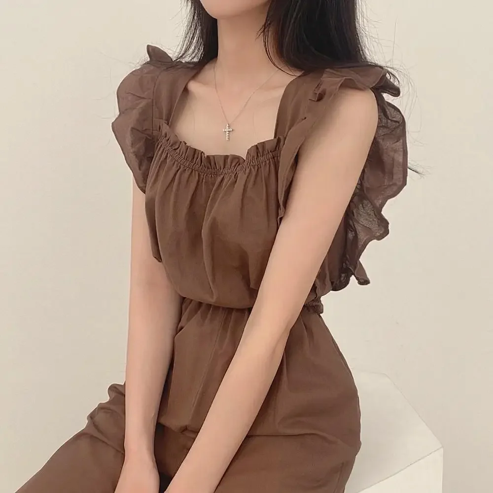 Summer Y2K Korean Style Vintage Harajuku Lady Jumpsuits Solid Fashion Waist Women's Clothing Square Collar Ruffle Female Clothes