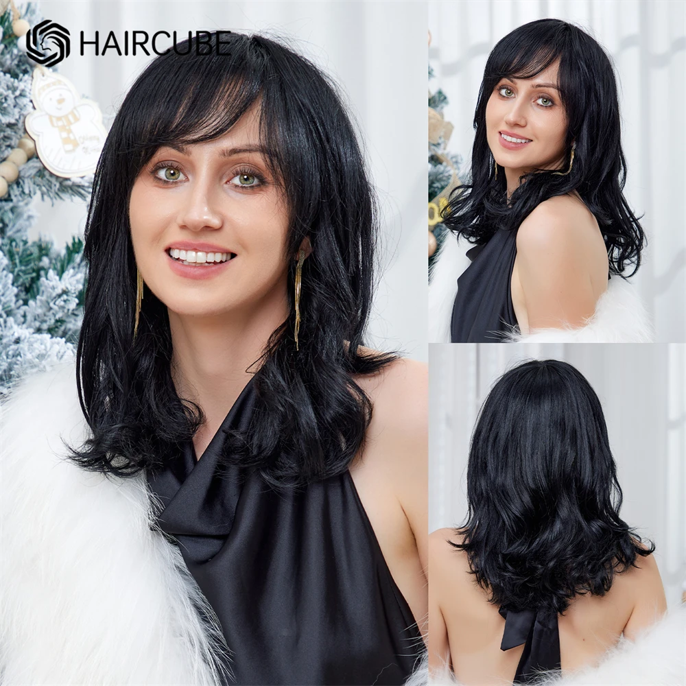 HAIRCUBE Blend Human Hair Wigs Shoulder Length Natural Wavy Black Wigs with Bang Human Hair Blend Wig Heat Resistant for Women