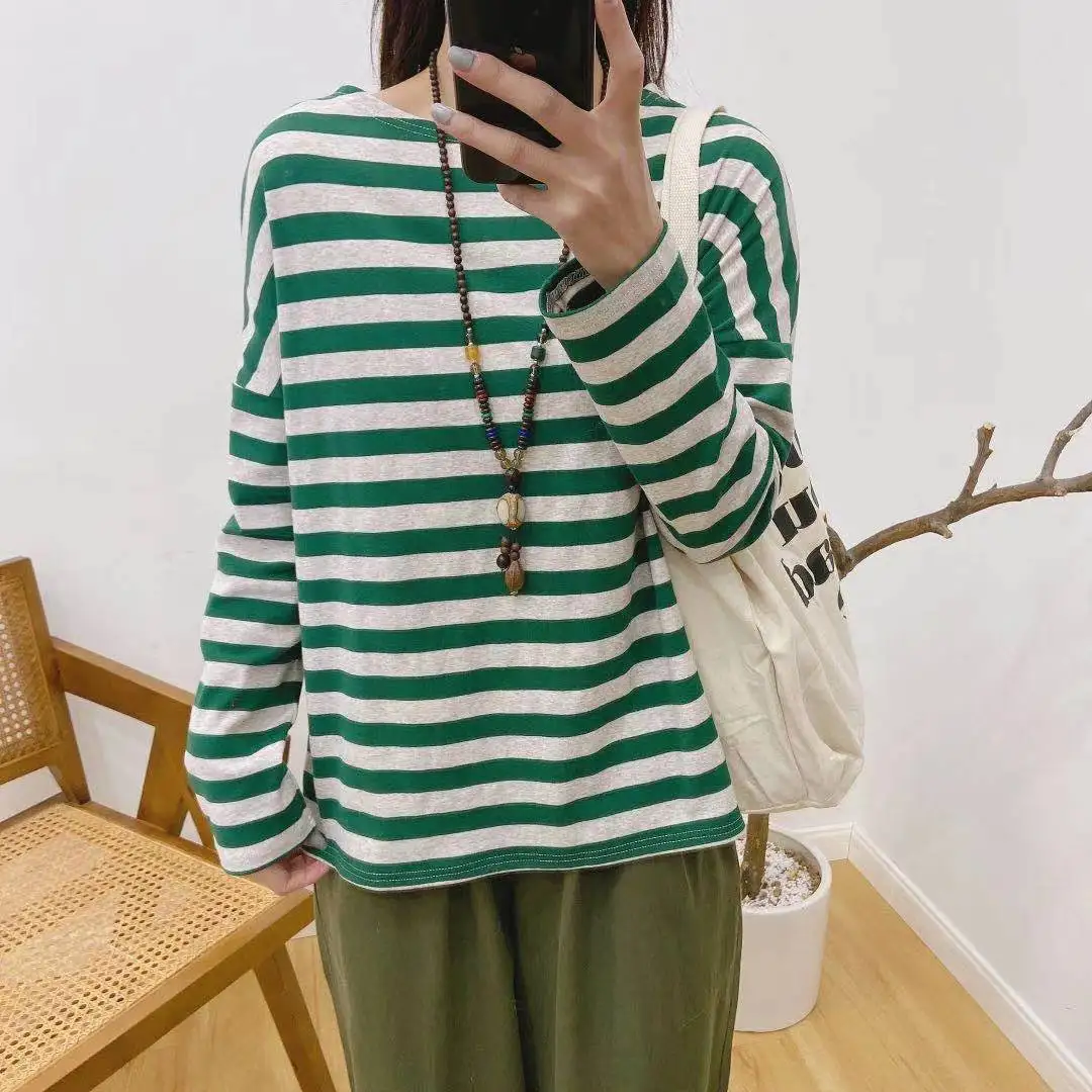 Johnature New Casual Striped Woman T-Shirts 2024 Spring Simple All Match Loose O-neck Female Tops