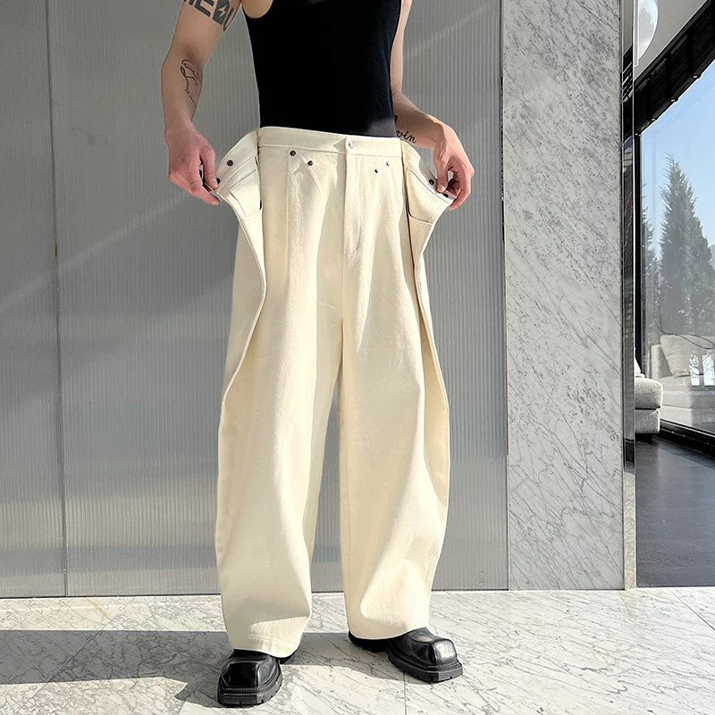 Men Fold Waist Loose Casual Streetwear Fashion Show Wide Leg Harem Denim Jeans Pants Male Net Celebrity Harem Jeans Trousers Man
