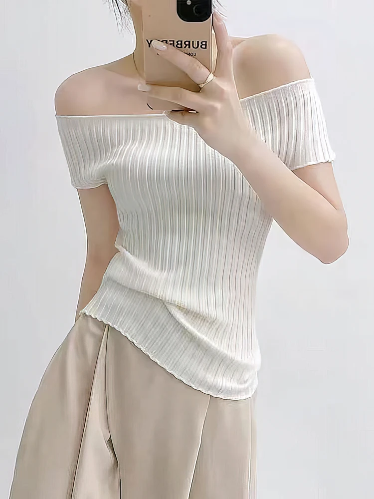 

Вязаный летний топ с открытыми плечами, женская полосатая сексуальная футболка с коротким рукавом, вырез лодочкой, элегантная облегающая футболка, базовая блузка, женская Корея