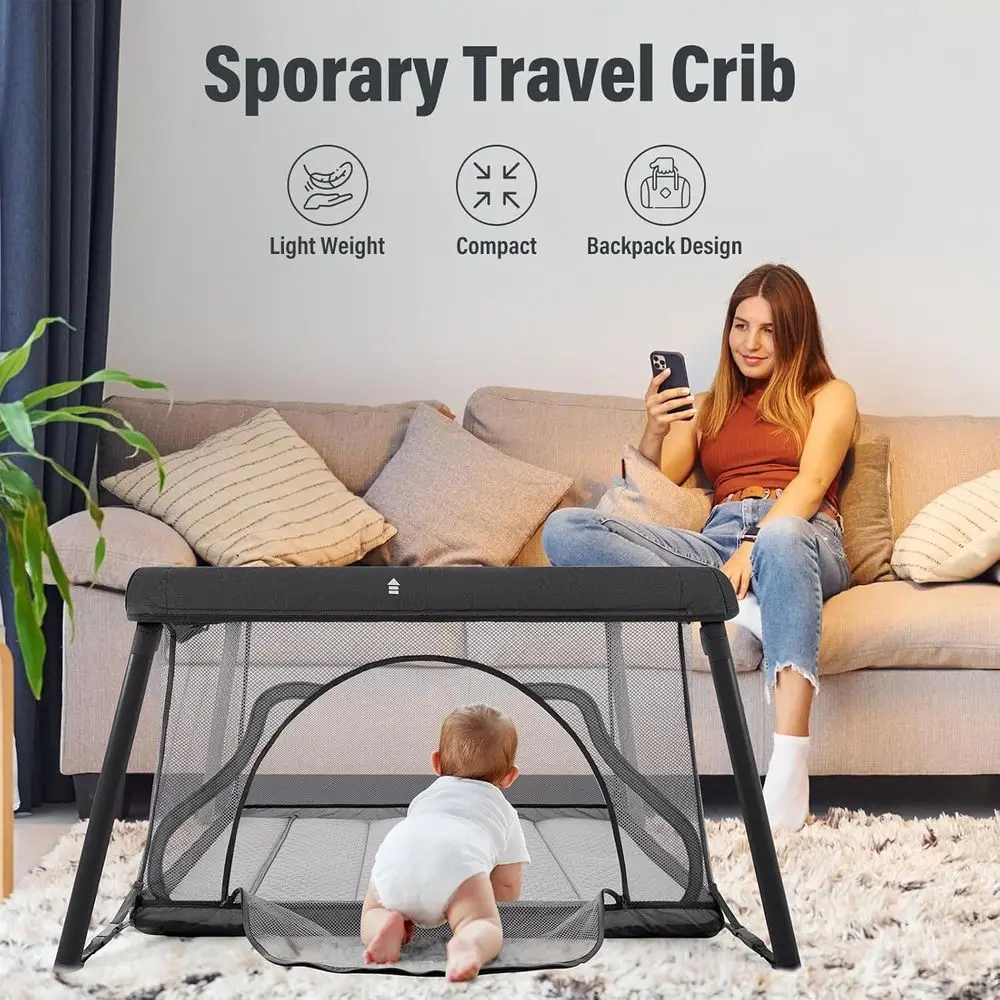 Kompaktes Baby-Reisebett, tragbarer Laufstall mit Matratze, leichter Rucksack-Stil, Dunkelgrau