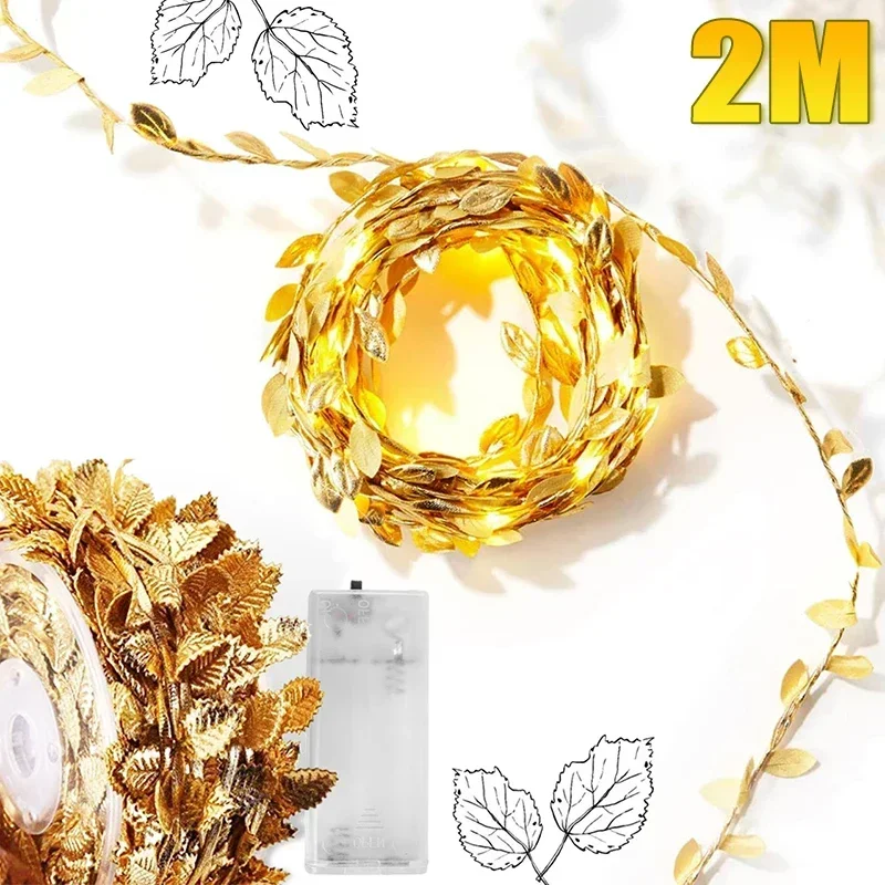 2M Golden Leaf Lighting Strings 20LED Warm Yellow Fairy Lights Christmas Garland Lantern Artificial Rattan Lamp Party Decoration