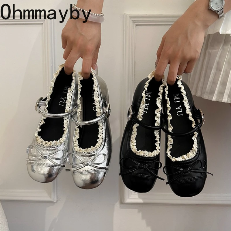 

Women's Flats Mary Jane Shoes Round Toe Shallow Women's Ballet Style Casual Shoes Soft Leather Silvery Nude Shoes Zapatos Mujer