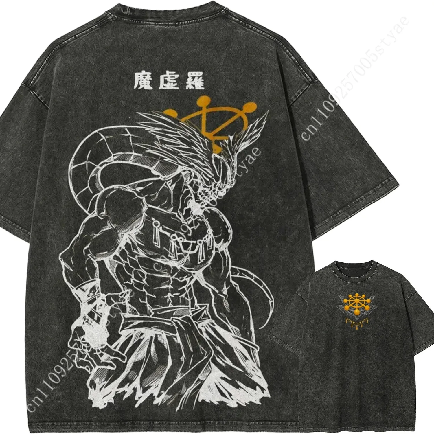 Mahoraga Wheel T-shirt  Eight-Handled Sword Tee Vintage Washed Oversized Anime Graphic Streetwear Retro Men Tops