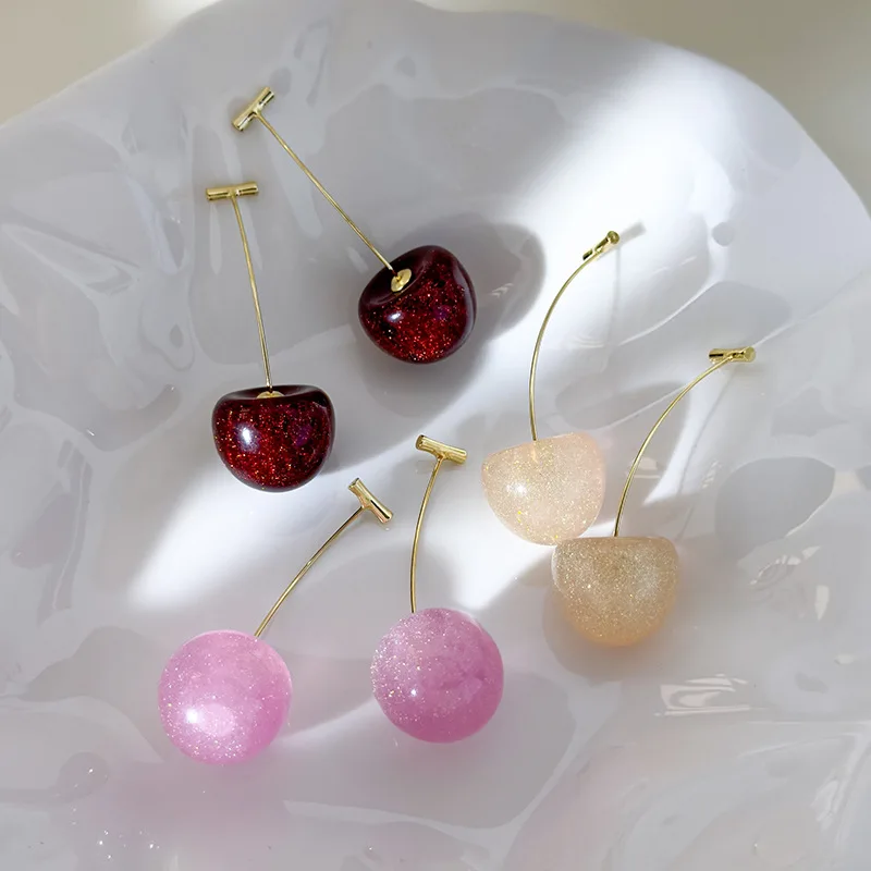 Earrings Cherry Resin Cute Pastel Pink Glitter Starry Lightweight Comfortable for Women Everyday Versatile Jewelry
