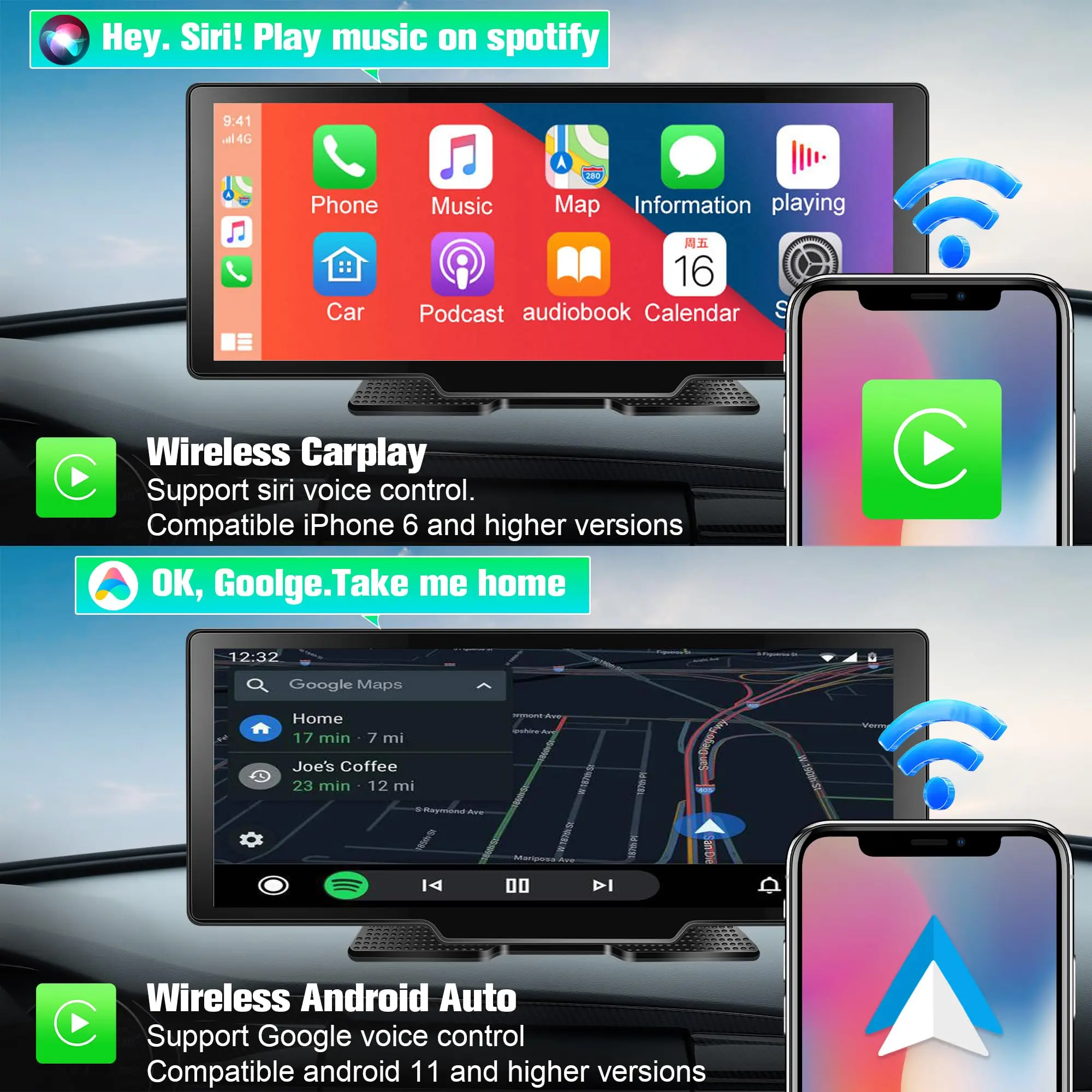 Carplay Nirkabel Android Auto, Carplay Stereo Android Carplay Bluetooth Putar Mobil AUX Layar Android Bluetooth 1080P + 2.5K Kartu SD