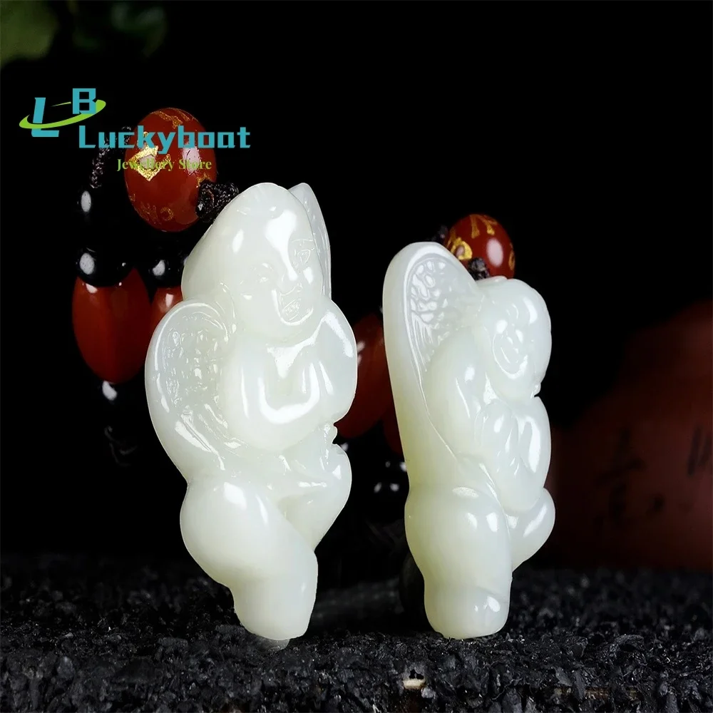 شينجيانغ هيتيان الأبيض اليشم الملاك قلادة الرجال والنساء منحوتة بدقة قليلا