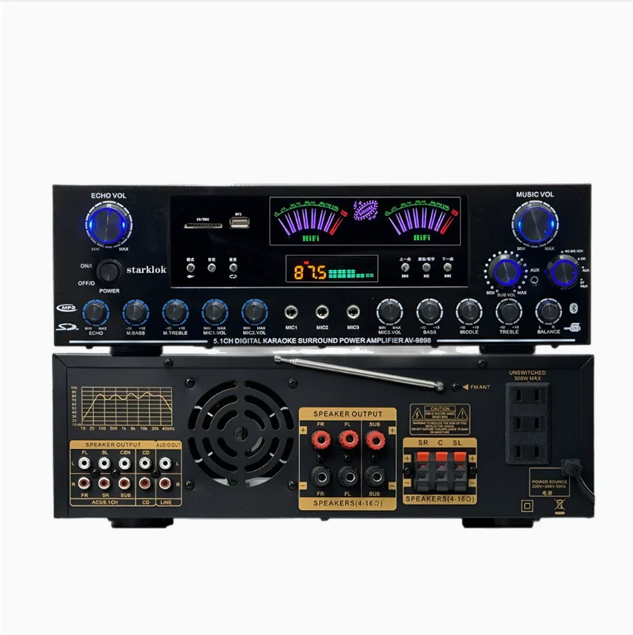 Starklok Av-9898BT Digital Amplifier Bluetooth Sound Amplifier High Power 8-tube 5.1 Subwoofer Audio Amp For Home Car