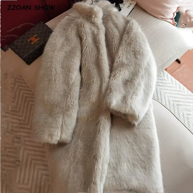 HIGH QUALITY Winter BeigeGray Hairy Shaggy Faux Fur Jacket Stand Collar Long sleeve Furry Faux Fur Coat Party Mid Long Outercoat