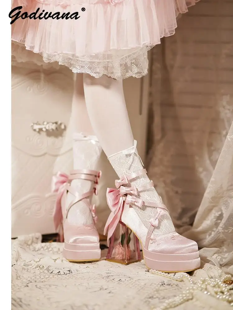 Original Lolita High Heels Elegant Ladies Camellia Embroidery Sweet Bow Satin Mary Jane Shoes Cos Shoes Women\'s Chunky Heels