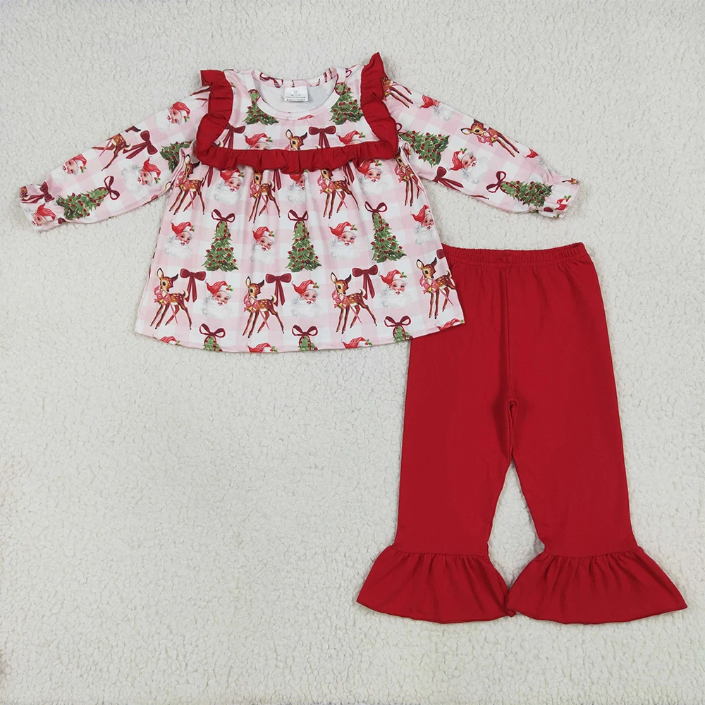 

Baby Girls Red Long Sleeves Santa Trees Plaid Tunic with Ruffle Pant Set Christmas Theme Bow Detailing Holiday Outfit for Kids