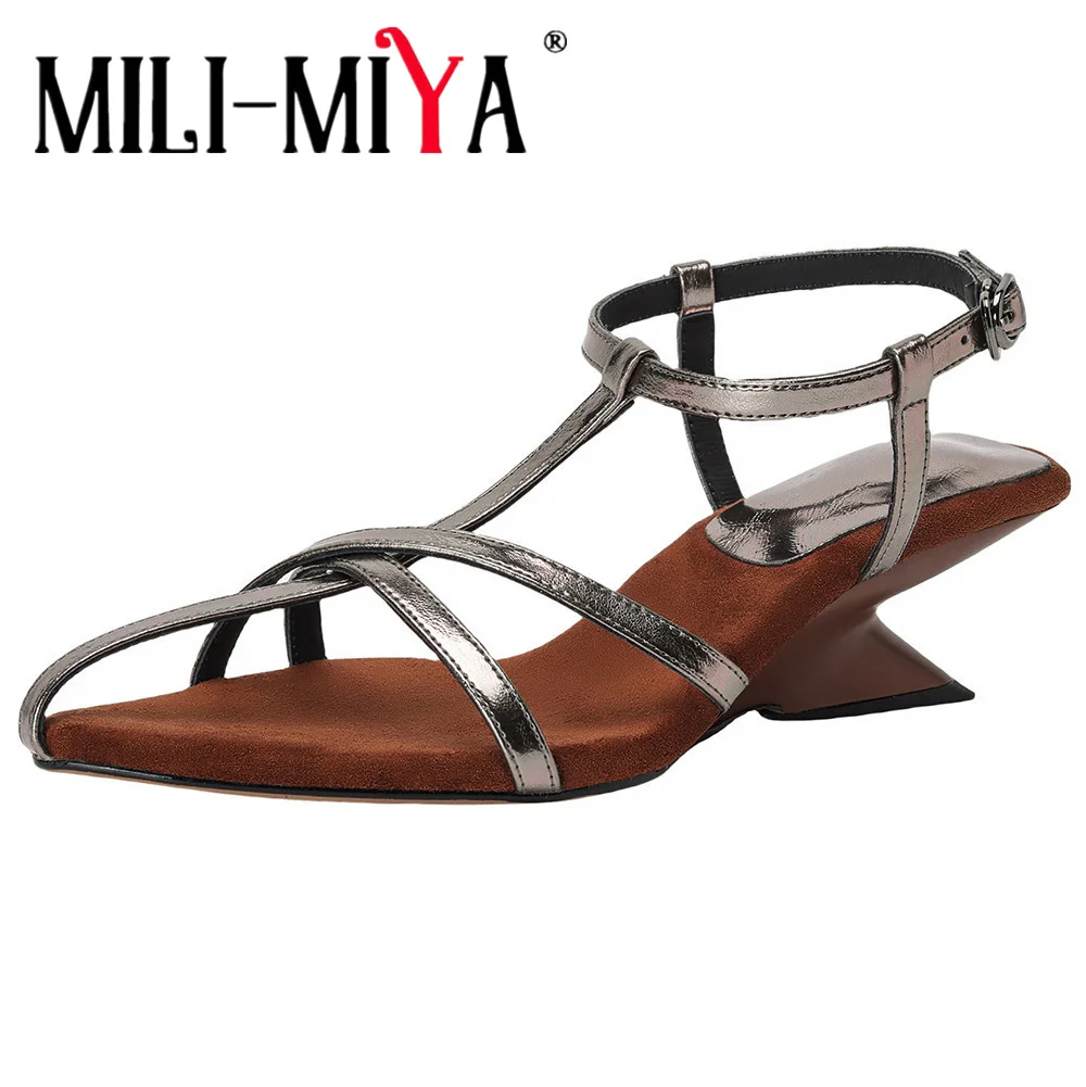 

MILI-MIYA Fashion Pointed Toe Full Genuine Leather Women Sandals Strange Thick Heels Buckle Strap Big Size 34-40 Summer Shoes