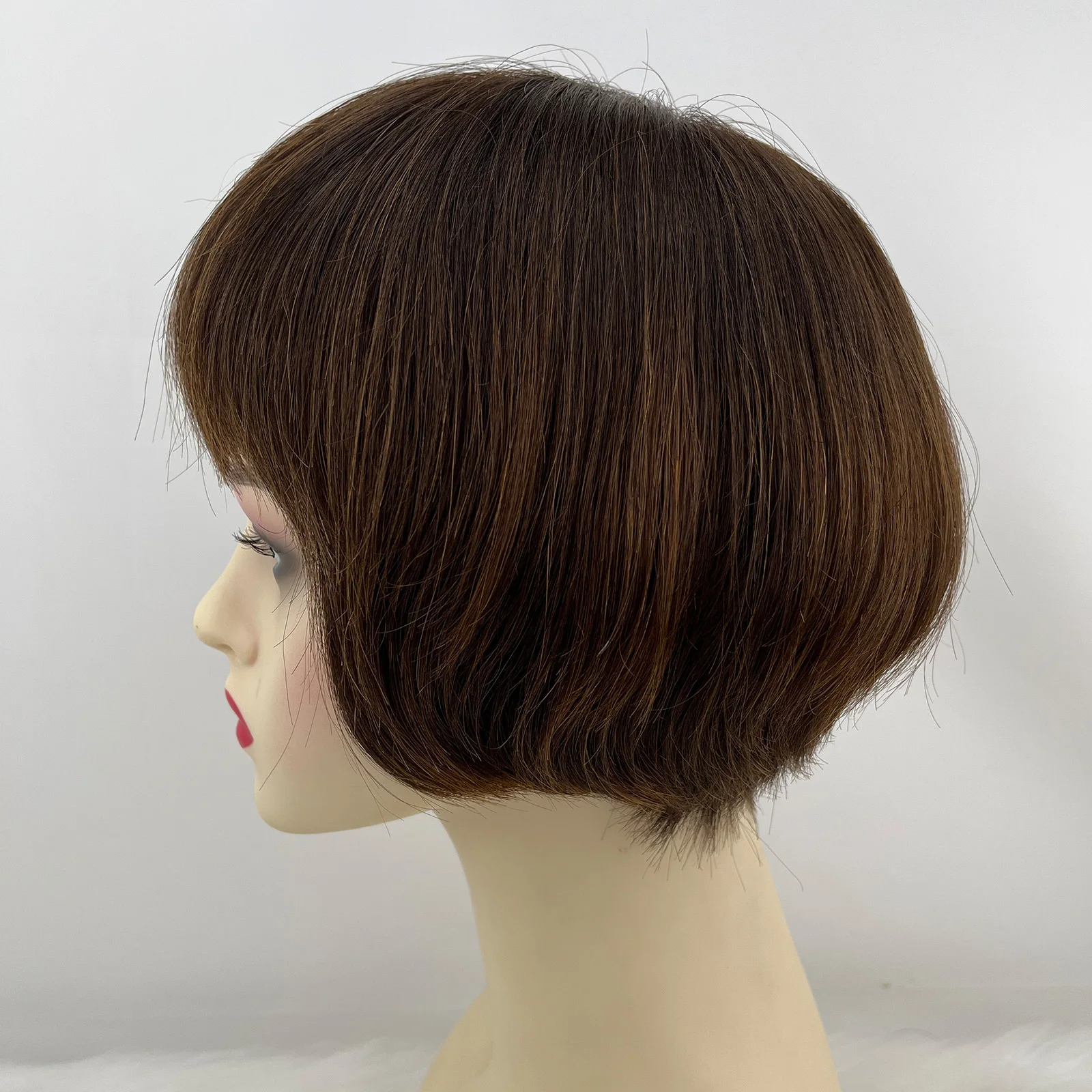 شعر مستعار قصير بوب 100% شعر بشري حقيقي بني داكن مستقيم كامل اليد مربوطة الدانتيل قاعدة الحرير تاج علوي مع الانفجارات الهوائية للنساء #2