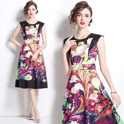 Runway Elegant Print Midi Dress Women Summer Autumn Sleeveless Tank Vintage Office Lady Floral Long Vestidos Party Robe