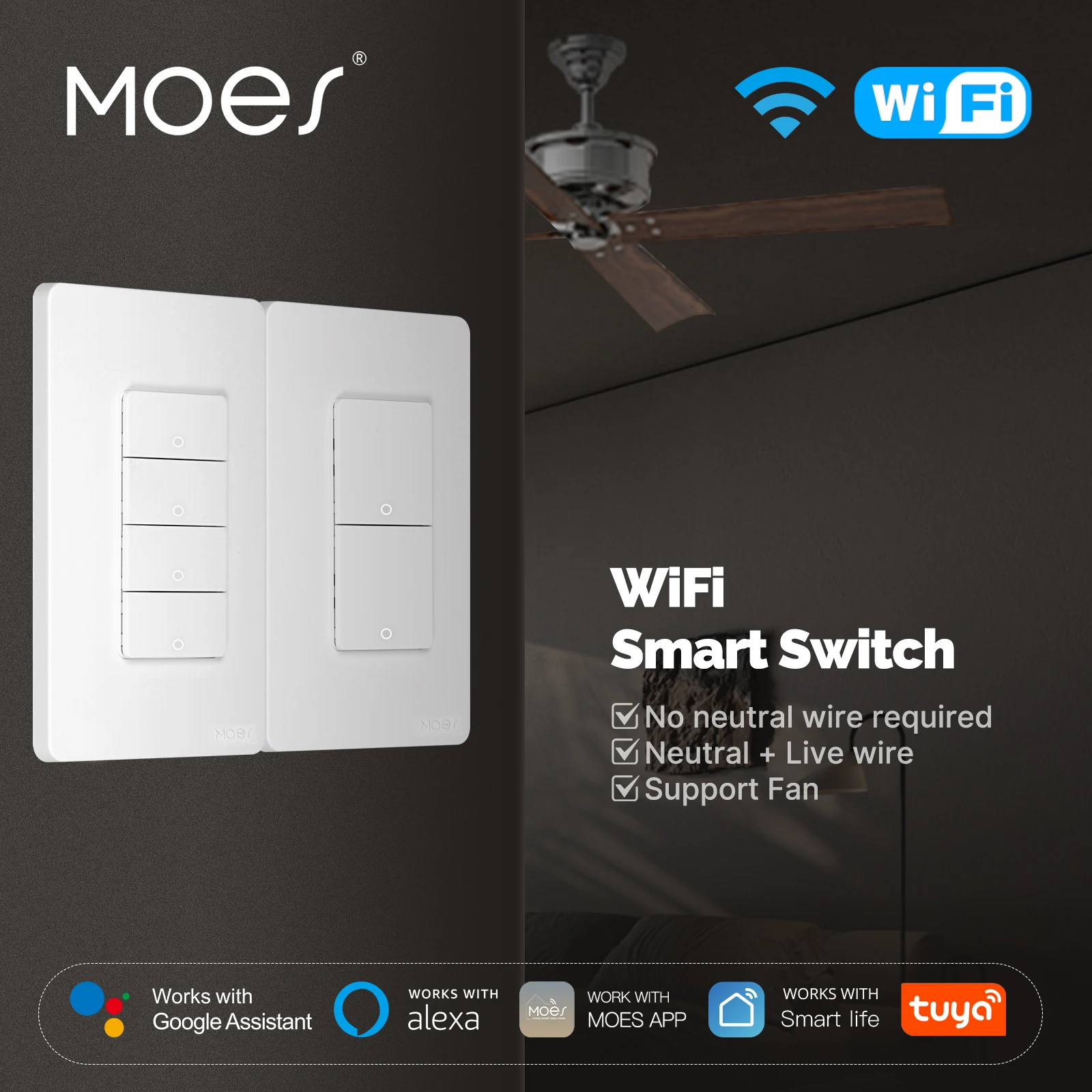 Smart Ceiling Fan Alexa Wifi - สวิตช์ไฟอัจฉริยะ MOES WiFi ไม่ต้องใช้สายกลาง รองรับการควบคุมพัดลม ใช้งานร่วมกับ