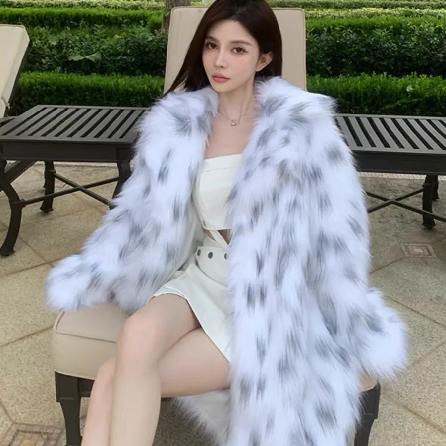 

Women Faux Fur Fox Mid Length Coats Jackets Turn Down Collar Print Coat Thick Y2k Streetwear Jacket Elegant Autumn Winter 2025