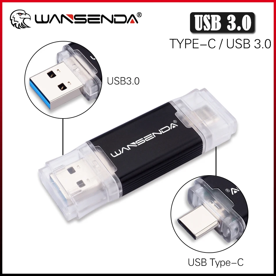 WANSENDA stik memori USB Tipe C, Flash Drive USB Tipe C 512GB 256GB 64GB 32GB Cle USB 3.0 128GB untuk TYPE-C ponsel/Tablet /PC