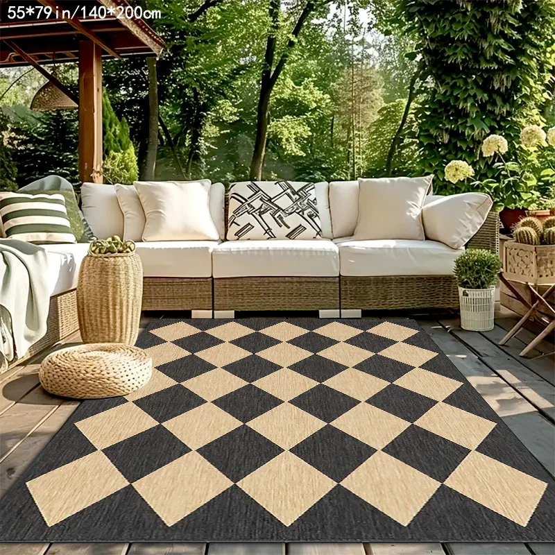 1pc 700G Diamond Pattern Outdoor Mat - Machine Washable Durable Polyester, Black & Beige, 55