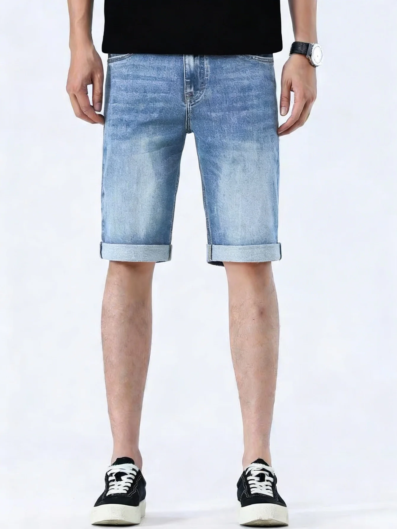 

Мужские модные синие джинсовые шорты, облегающие, повседневные, для уличного стиля, без аксессуаров и ремней.