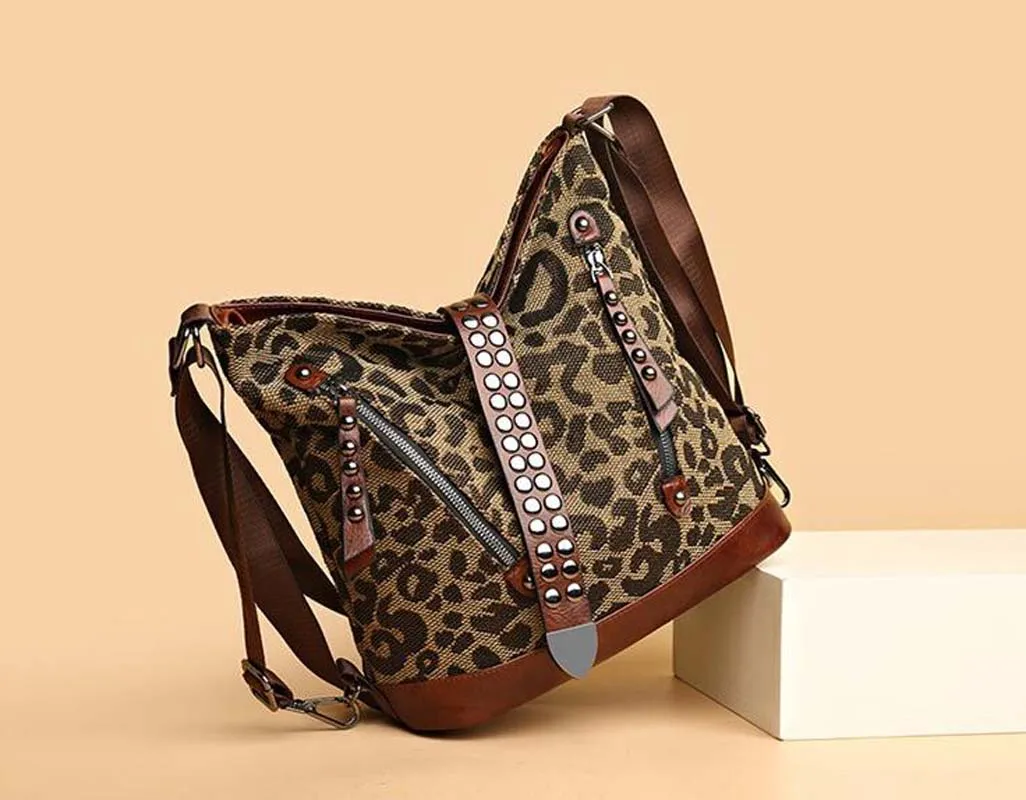 Hot Sale New Fashion Designer Leopard Backpack Women's Large Capacity Canvas Shoulder Bags Rivet Crossbody Bag Travel Backpacks