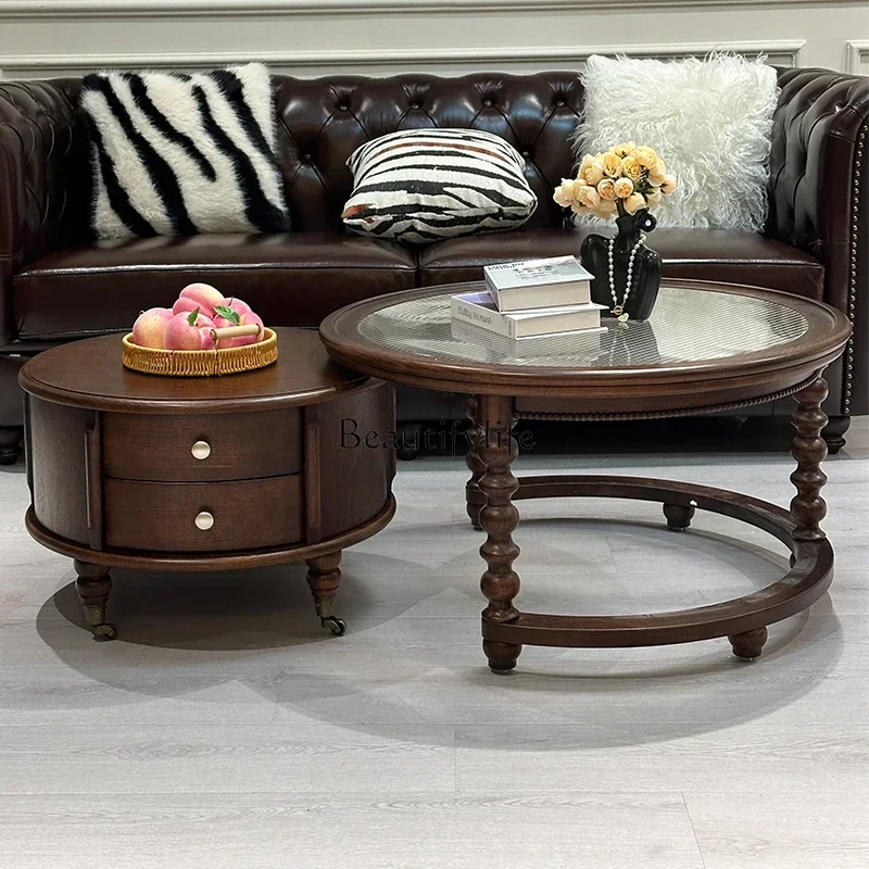 

4 French Retro Round Red Oak Solid Wood Coffee Table for Living Room Home Use Extendable Tea Table