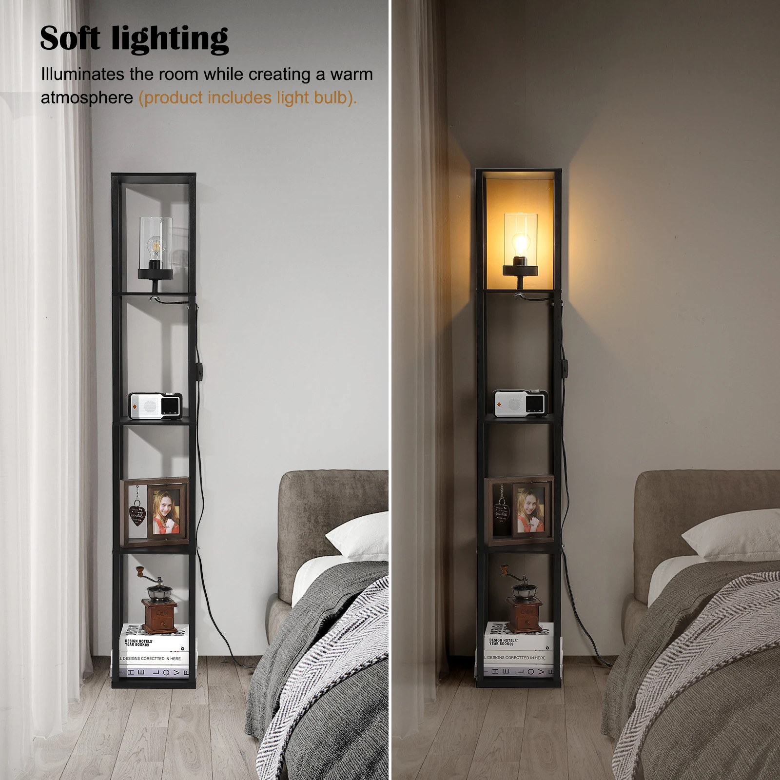 Floor Lamp with Shelves, 5-Tier Modern Shelf Floor Lamp with Warm White LED Bulb, Display Lamp for Living Room Bedroom