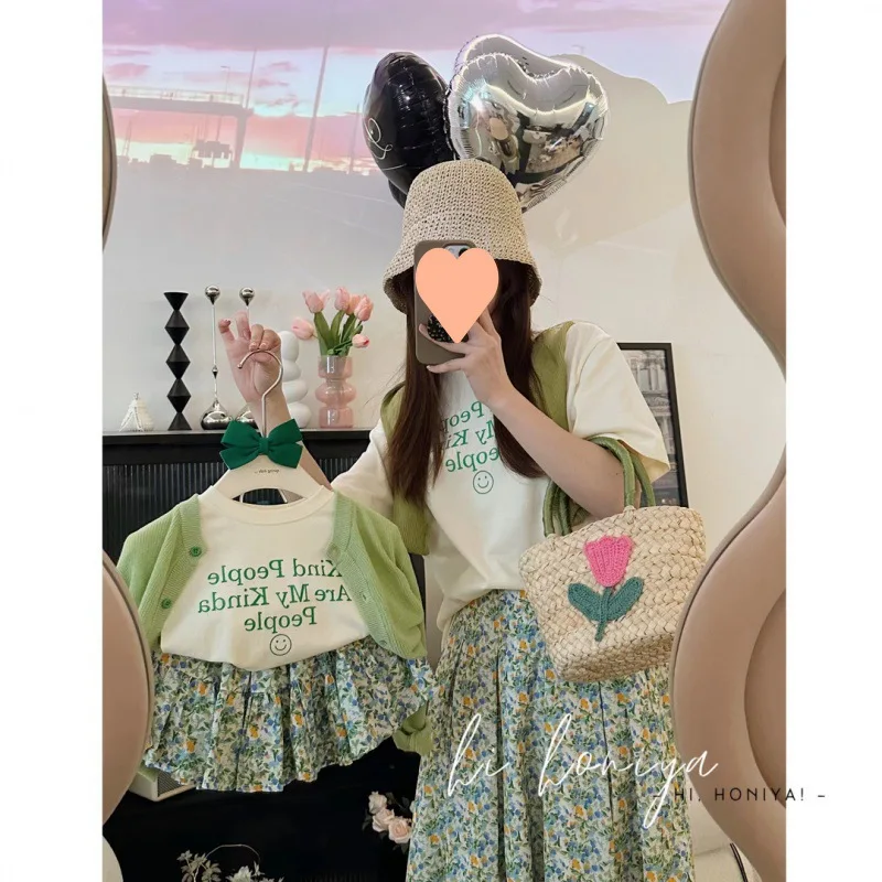 Family Matching Clothes Mother and Daughters Outfits Women Two Piece Set Summer Skirt Dad Son T Shirts Mom Baby Girls Cardigan