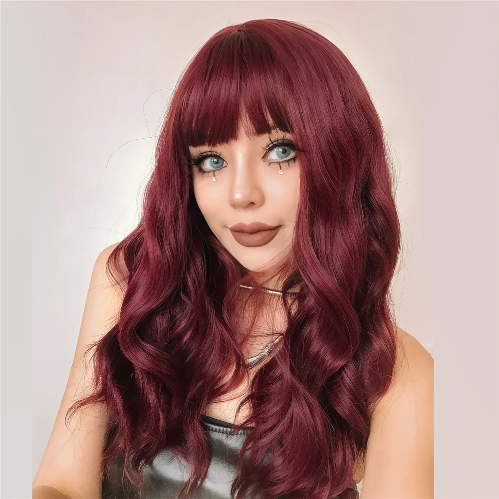 LOUIS FERRE Long Wine Red Wavy Wigs for Women Narutal Wavy Curly with Bangs Colorful Cosplay Party Heat Resistant Synthetic Wigs