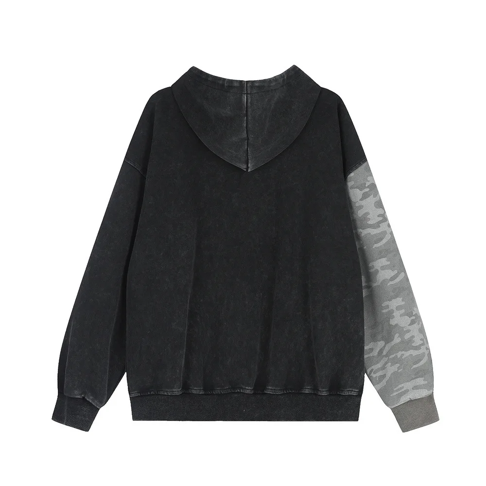 MWJLPWQ Contrast Color Camouflage Distressed Hooded Sweatshirt For Men Hip-Hop Trend Gothic Letter Embroidered Zip-Up Tops 20714