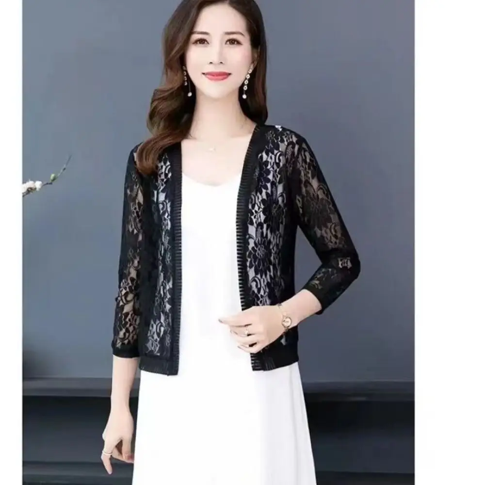 

Thin Tie Up Summer Women's Cardigan Floral Lace Breathable Sun Protection Clothing Beach Short Cardigan for Women