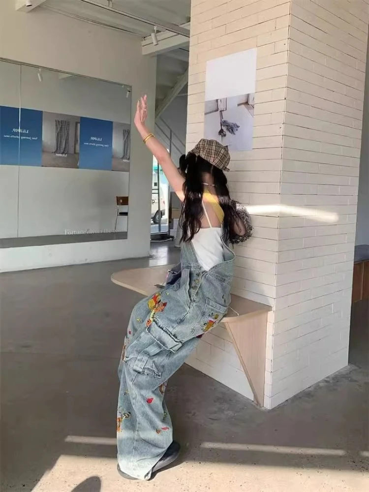 Tuta vintage da donna stile americano gamba larga tuta lunga fino al pavimento pantaloni casual in denim scozzese alla moda a vita alta elasticizzati