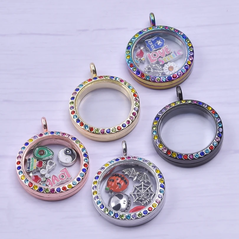 5PCS 30mm Round DIY Glass Muiltcolor Rhinestone Living memory Photo Floating Charms Lockets Necklaces/Keychain Alloy Pendants