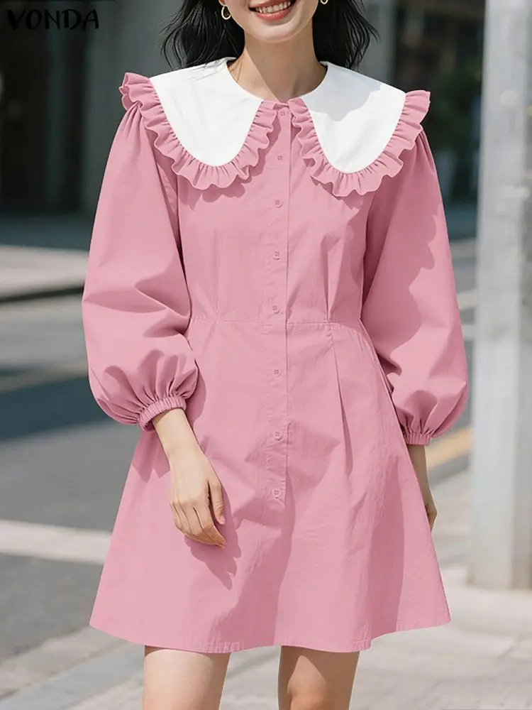 فوندا فساتين قميص عصرية للنساء 3/4 كم فستان صيفي صغير بياقة بيتر بان 2025 أزرار فضفاضة رداء نسائي أنيق غير رسمي للحفلات