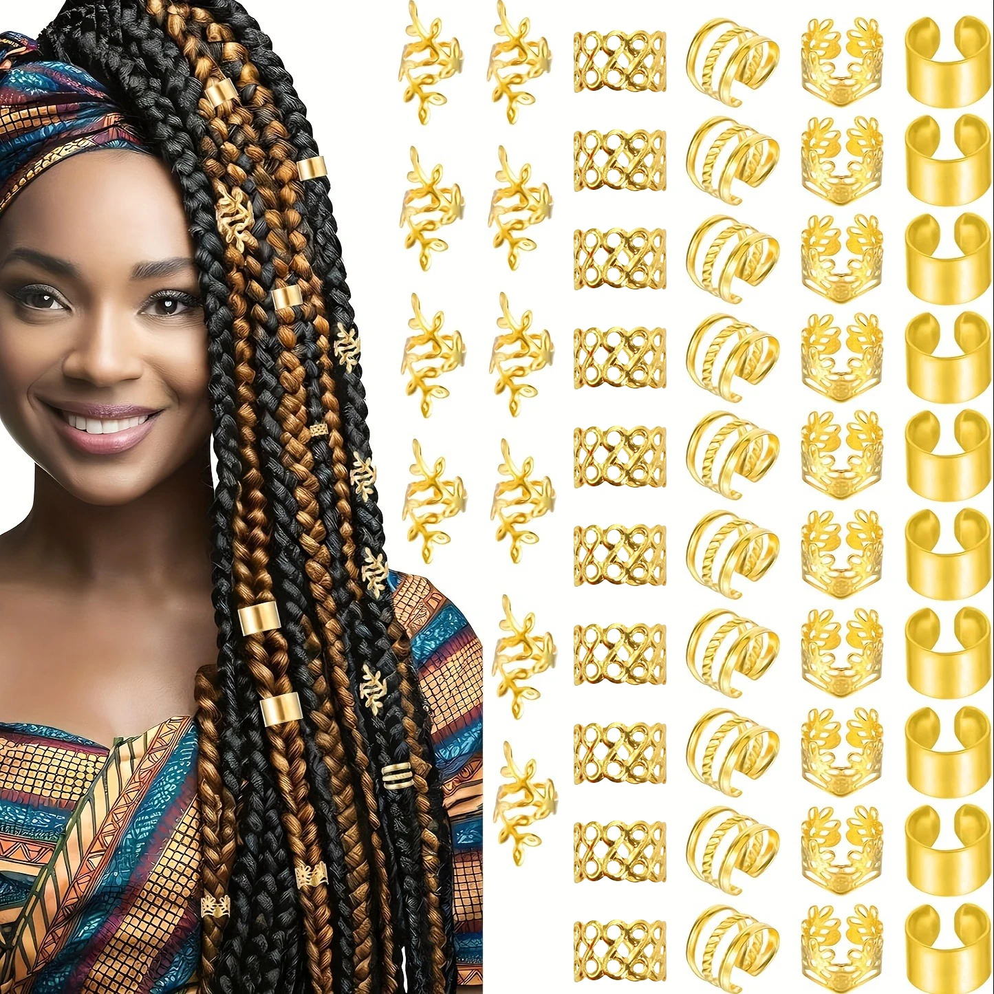 

50pcs DIY Wig Hair Accessories Set, Alloy Golden Ring Clips & Hairops, Elegant & Cute Round Hair Pendants with Hollow & Beaded