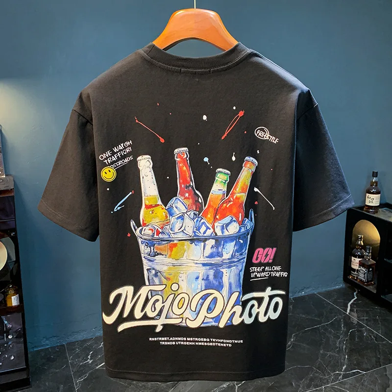 Los T-shirt met korte mouwen voor heren, trendy zomertop met bierprint, casual, veelzijdige mode herenkleding