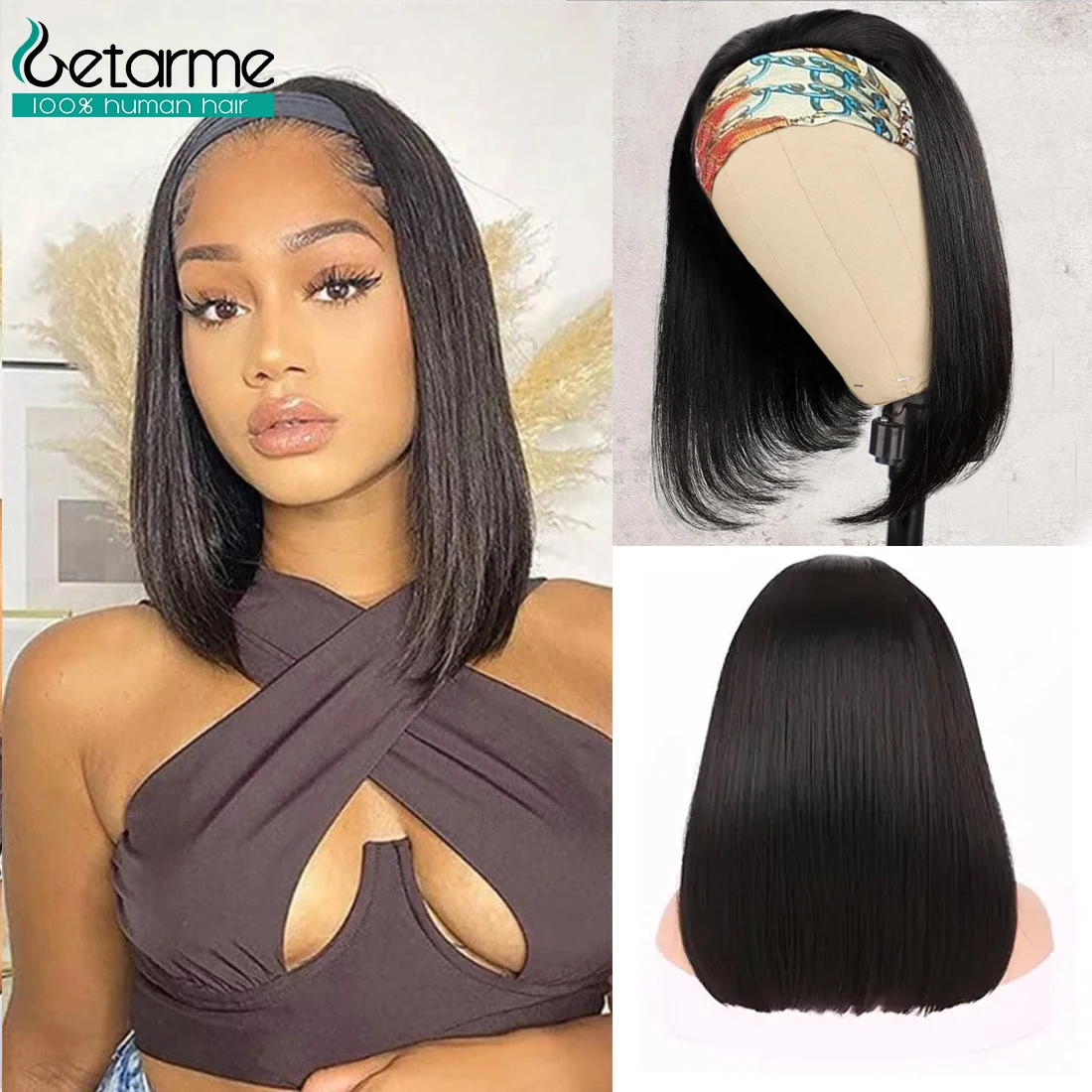 

Накладные парики из натуральных человеческих волос - Парик-боб Getarme с повязкой на голову, полностью машинной работы, с кудрявыми волосами и челкой, 8-16 дюймов, волосы Реми