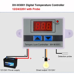 W3001 Digital LED Temperature Controller Thermostat Thermoregulator 12V/24V/220V Heat Cool Temp Thermostat Control Switch Probe