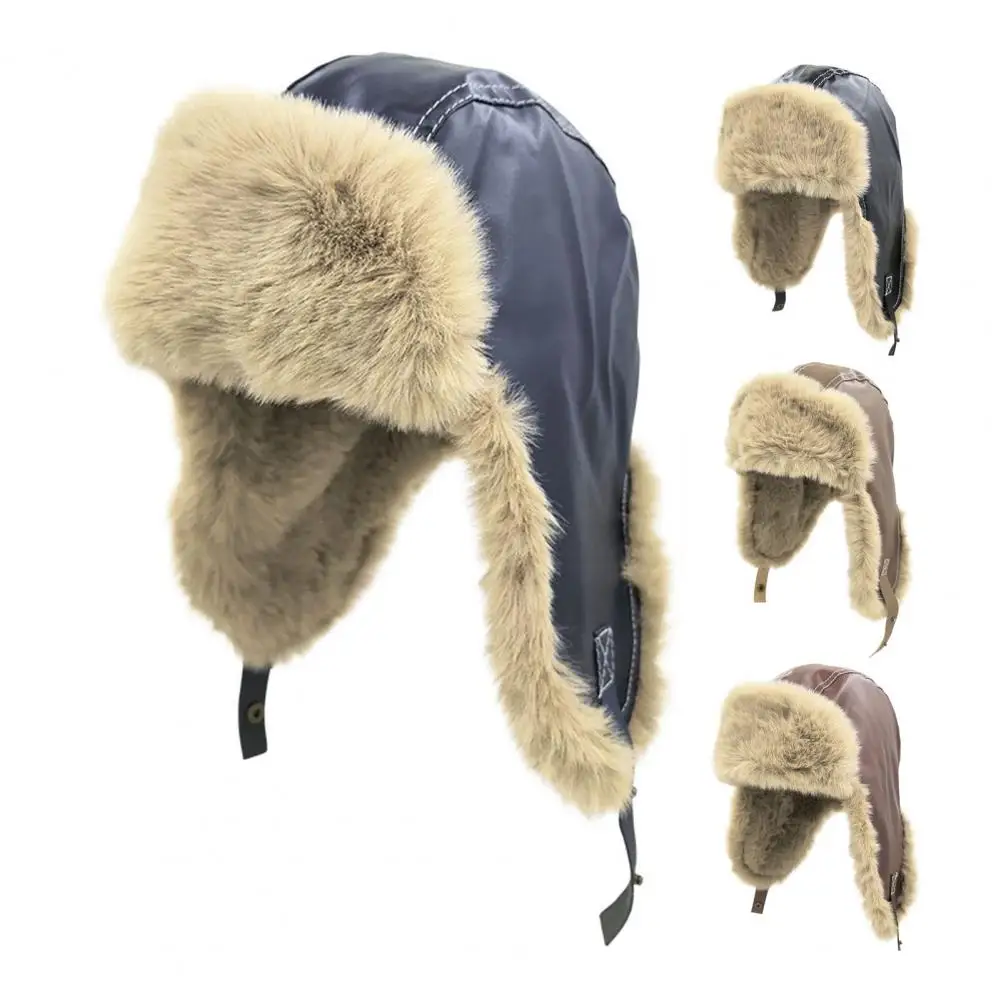 Winter Hat for Men Women, Faux Leather Hat with Faux Fur Ear Flaps, Windproof Warm Ski Hat for Motorcycle Hunting