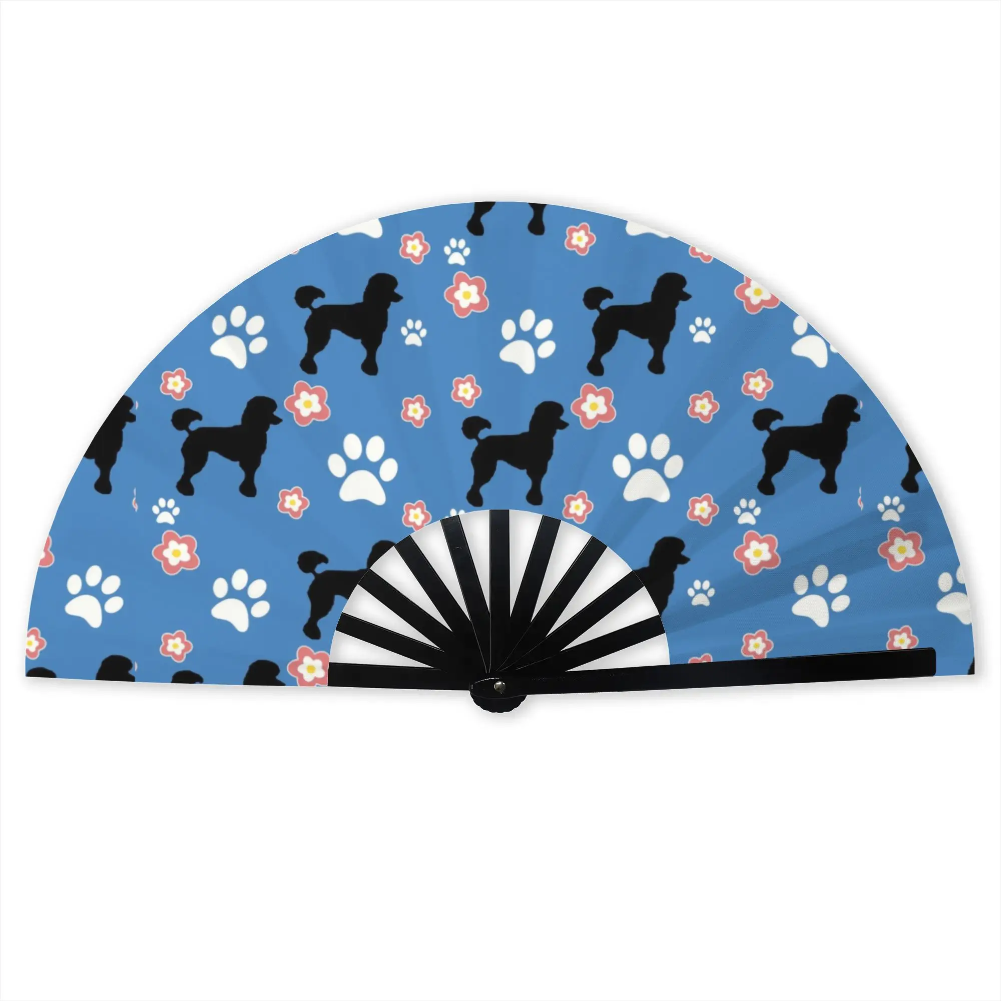 Poodle Dog Traditional Folding Fan Chinese Style Funny Puppy Paw High-Quality Polyester Fans Gift Elegant Decorative Hand Fan
