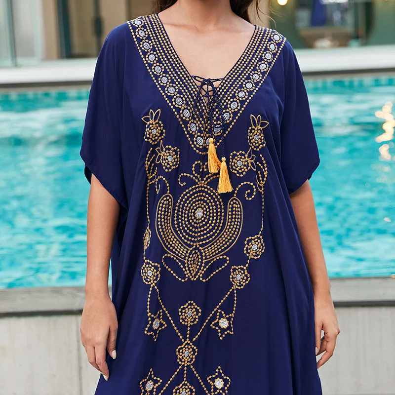 قفطان مطرز باللون الكحلي للنساء ، سترة للشاطئ ، غطاء للبيكيني ، ضمادات فضفاضة ، رقبة على شكل حرف V ، ملابس سباحة ، سترة رشيق ، ملابس شاطئ