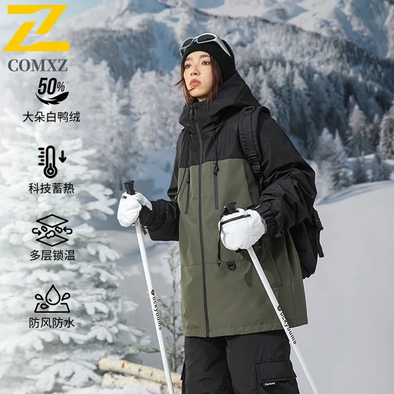 COMXZ Couple Long Down Jacket New Classic Splicing Hooded Thickened Warm Parka Outdoor Camping Windproof Windbreaker