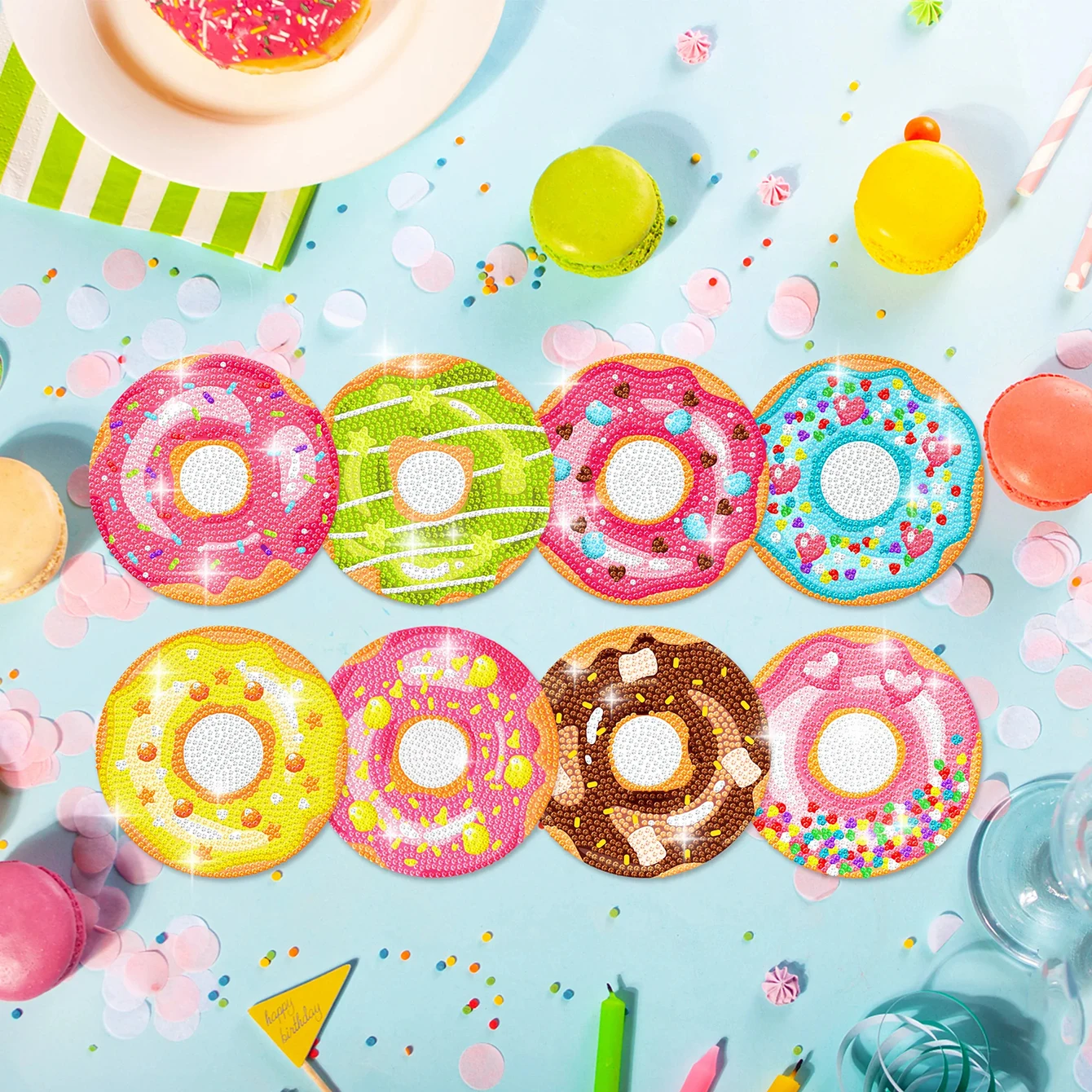 8 pieces/set of donut diamond painting coaster set, DIY coaster with holder for beginners and adults, diamond craft gift