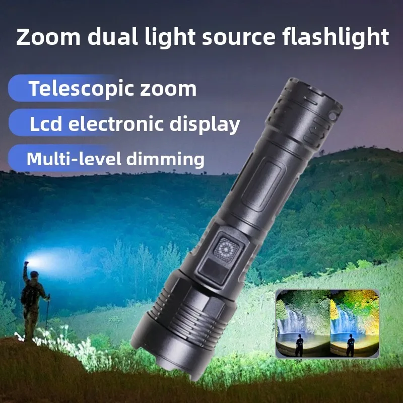 

Dual Light Source White Laser Flashlight - Super Bright, Zoomable, USB Rechargeable for Outdoor Camping & Emergency Lighting
